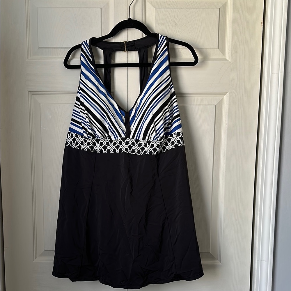 Classic Black and Blue One-Piece Swimsuit with Nautical Stripes Size 24W